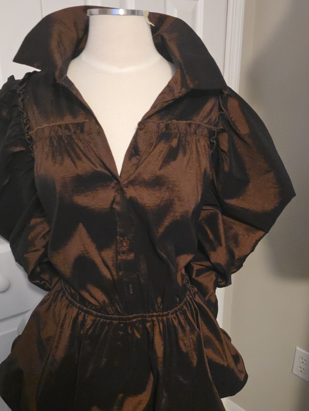 Satin Puff-Sleeve Brown Blouse